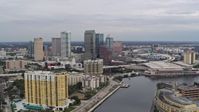 5.7K stock footage aerial video reverse view of the city skyline, Downtown Tampa, Florida Aerial Stock Footage | DX0003_229_040