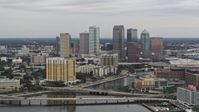 5.7K stock footage aerial video of the skyline, seen from bridges and channel near condos, Downtown Tampa, Florida Aerial Stock Footage | DX0003_230_009