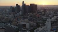 HD stock footage aerial video flyby top of Los Angeles City Hall at sunset, approach Downtown Los Angeles, California Aerial Stock Footage | HDA06_55