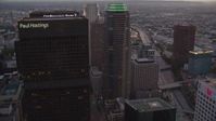 HD stock footage aerial video flyby Downtown Los Angeles skyscrapers at twilight to reveal Staples Center and Ritz-Carlton in California Aerial Stock Footage | HDA06_76