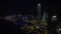 5K stock footage aerial video of International Finance Centre and skyscrapers on Hong Kong Island at night, China Aerial Stock Footage | SS01_0185