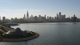 The downtown skyline and harbor seen from Adler Planetarium, Downtown Chicago, Illinois Aerial Stock Photos | AX0001_100.0000050F