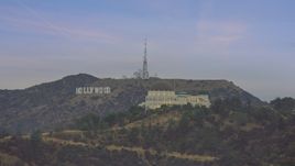 Griffith Observatory and Hollywood Sign at twilight, Los Angeles, California Aerial Stock Photos | AX0158_008.0000386
