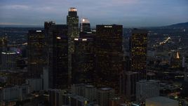 Skyscrapers at twilight in Downtown Los Angeles, California Aerial Stock Photos | AX0158_049.0000209