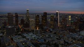 A view of skyscrapers at twilight in Downtown Los Angeles, California Aerial Stock Photos | AX0158_052.0000310
