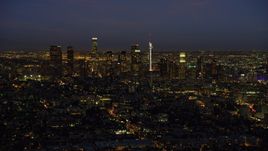 The tall towers of the Downtown Los Angeles skyline, California at night Aerial Stock Photos | AX0158_072.0000199