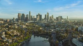 The skyline of Downtown Los Angeles, California seen from Echo Park Lake Aerial Stock Photos | AX0162_001.0000318