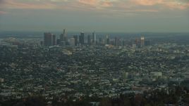 The skyline of Downtown Los Angeles, California at twilight Aerial Stock Photos | AX0162_106.0000414