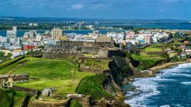 Historic fort on a Caribbean island in Old San Juan, Puerto Rico Aerial Stock Photos | AX101_009.0000000F