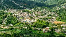 The small town of Ciales, surrounded by trees in Puerto Rico  Aerial Stock Photos | AX101_046.0000180F