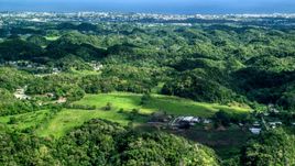Tree covered hills and rural homes near the coast, Arecibo, Puerto Rico Aerial Stock Photos | AX101_129.0000000F
