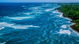 Waves rolling in toward a tree-lined Caribbean island coastline in Vega Baja, Puerto Rico  Aerial Stock Photos | AX101_197.0000207F