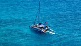 Catamaran with people in tropical blue water, Rada Fajardo, Puerto Rico Aerial Stock Photos | AX102_077.0000141F