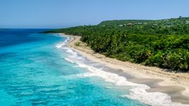 Waves rolling toward a Caribbean island beach with palm trees, Culebra, Puerto Rico  Aerial Stock Photos | AX102_130.0000151F