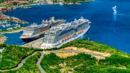 Docked cruise ships in the coastal town pf Charlotte Amalie, St. Thomas, US Virgin Islands Aerial Stock Photos | AX102_199.0000000F