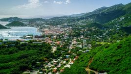 Coastal town seen from the hills in Charlotte Amalie, St. Thomas, US Virgin Islands Aerial Stock Photos | AX102_214.0000000F
