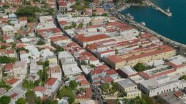 Island town buildings by the harbor in Charlotte Amalie, St Thomas, the US Virgin Islands Aerial Stock Photos | AX102_223.0000000F