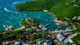 Harbor with boats in turquoise blue Caribbean waters, Cruz Bay, St John Aerial Stock Photos | AX103_021.0000197F