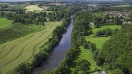 A bridge on River Teith lined with trees, Doune, Scotland Aerial Stock Photos | AX109_077.0000000F