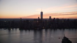 World Trade Center skyline at sunrise in Lower Manhattan, New York City Aerial Stock Photos | AX118_024.0000127F