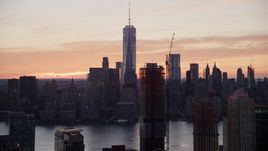 World Trade Center skyline at sunrise in Lower Manhattan, New York City, seen from Jersey City Aerial Stock Photos | AX118_032.0000166F