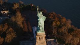 Statue of Liberty and autumn trees at sunrise in New York Aerial Stock Photos | AX118_146.0000077F