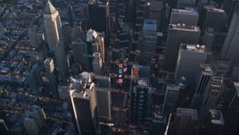 Giant screens at Times Square at sunrise in Midtown Manhattan, New York City Aerial Stock Photos | AX118_185.0000000F
