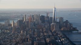 Lower Manhattan and One World Trade Center at sunrise in New York City Aerial Stock Photos | AX118_207.0000107F