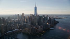 World Trade Center buildings at sunrise in Lower Manhattan, New York City Aerial Stock Photos | AX118_213.0000092F