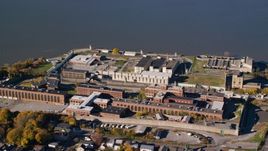 Riverfront Sing Sing Prison in Autumn, Ossining, New York Aerial Stock Photos | AX119_115.0000260F