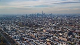 Lower Manhattan skyline seen from Brooklyn in Autumn, New York City Aerial Stock Photos | AX120_080.0000094F