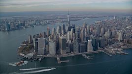 Lower Manhattan skyscrapers and rivers in Autumn, New York City Aerial Stock Photos | AX120_092.0000183F