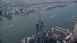 Top of One World Trade Center and the Hudson River in Lower Manhattan, New York City Aerial Stock Photos | AX120_101.0000037F