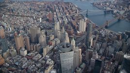 Top of Freedom Tower and East River bridges in Lower Manhattan, New York City Aerial Stock Photos | AX120_103.0000178F