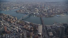 Brooklyn Bridge and Manhattan Bridge spanning the East River in New York City Aerial Stock Photos | AX120_113.0000091F