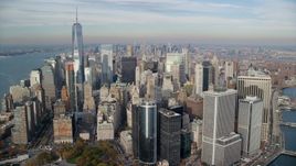 Lower Manhattan skyscrapers in Autumn, New York City Aerial Stock Photos | AX120_124.0000165F