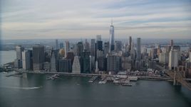Downtown skyscrapers in Autumn, Lower Manhattan, New York City Aerial Stock Photos | AX120_135.0000225F