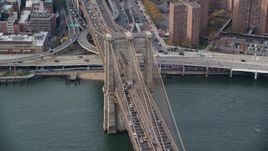 Heavy Traffic on the Brooklyn Bridge, New York City Aerial Stock Photos | AX120_136.0000144F
