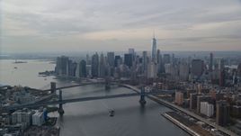 Lower Manhattan S=skyscrapers by the Brooklyn and Manhattan Bridges, New York City Aerial Stock Photos | AX120_142.0000057F