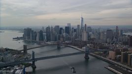 Manhattan Bridge, Brooklyn Bridge, East River, and Lower Manhattan, New York City Aerial Stock Photos | AX120_143.0000065F