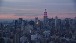 Empire State Building and Midtown skyscrapers at sunset in Midtown, New York City Aerial Stock Photos | AX121_077.0000073F