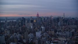 Empire State Building and Midtown skyscrapers at sunset in New York City Aerial Stock Photos | AX121_078.0000126F