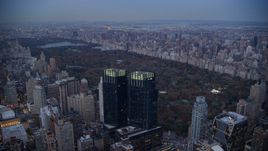 Time Warner Center towers and Central Park at sunset in New York City Aerial Stock Photos | AX121_091.0000268F