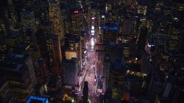 Times Square at night in Midtown Manhattan, New York City Aerial Stock Photos | AX121_134.0000303F