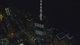 The One World Trade Center spire at night in Lower Manhattan, New York City Aerial Stock Photos | AX121_176.0000088F