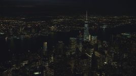 Freedom Tower and World Trade Center skyscrapers at night in New York City Aerial Stock Photos | AX121_189.0000150F
