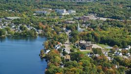 Small town with waterfront homes in autumn, Braintree, Massachusetts Aerial Stock Photos | AX143_008.0000000
