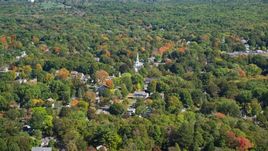 A small town with autumn trees around a church, Hingham, Massachusetts Aerial Stock Photos | AX143_017.0000354