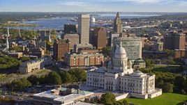 The Rhode Island State House, and Downtown Providence skyscrapers in background, Rhode Island Aerial Stock Photos | AX145_056.0000262
