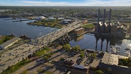 The Providence River Bridge near a power plant with smoke stacks, Providence, Rhode Island Aerial Stock Photos | AX145_080.0000262